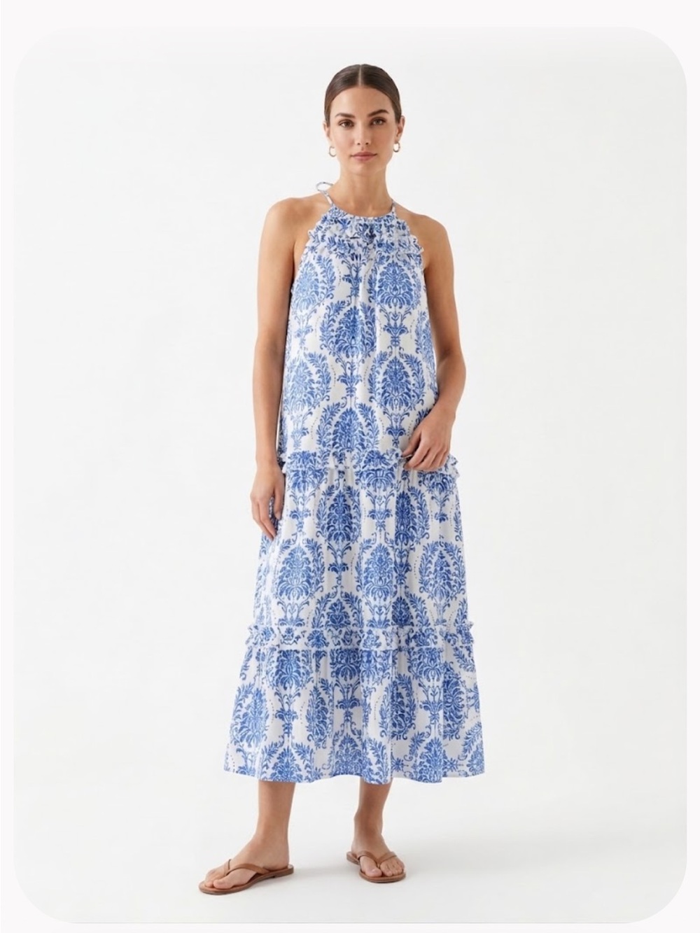 Grace Karin Blue and White Printed Halter Maxi Dress